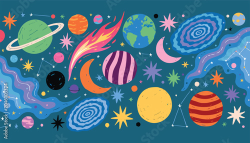 Colorful pixel planets in starry sky seamless border retro video game style outer space galaxy cosmos astronomy background wallpaper,