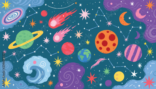 Colorful pixel planets in starry sky seamless border retro video game style outer space galaxy cosmos astronomy background wallpaper,