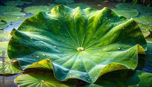 Close-up of a vibrant green lily pad afloat on calm water, showcasing textured surface and water droplets, bathed in sunlight