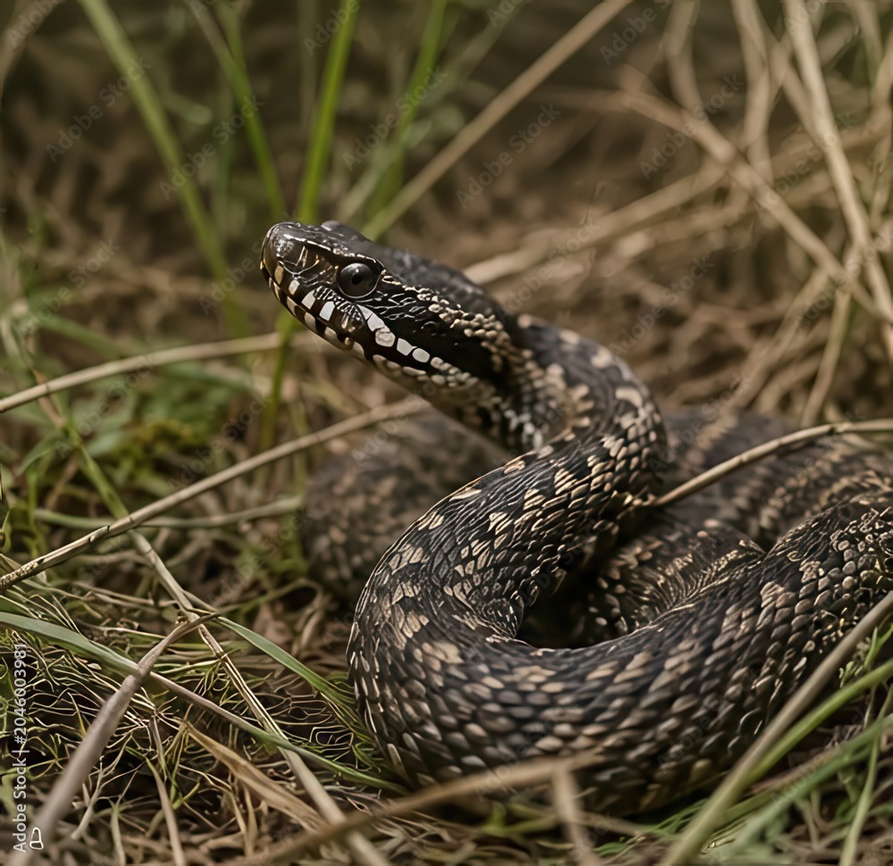Obraz premium the snake in the grass stretched out its neck and raised its head
