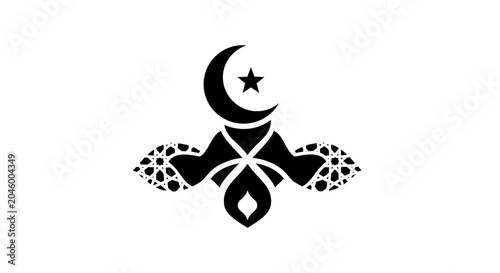 Abstract Islamic geometric symbol with crescent moon and star.