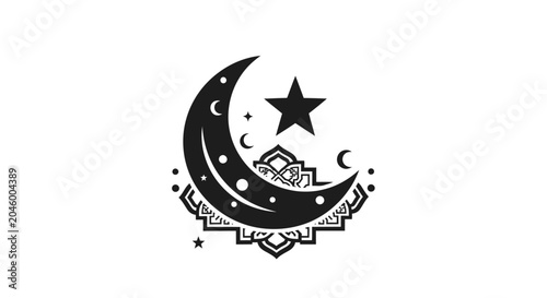 Black and white crescent moon and star with ornate Islamic pattern.
