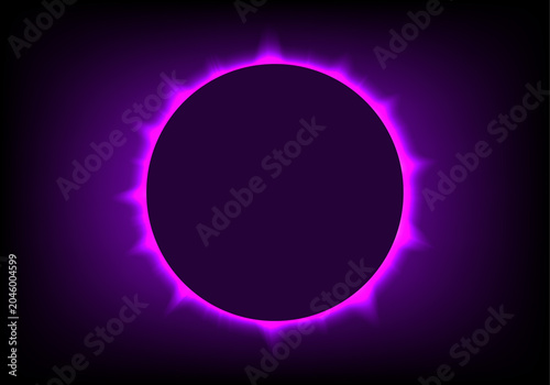 Solar eclipse with a vibrant purple glowing halo or corona on a dark background.