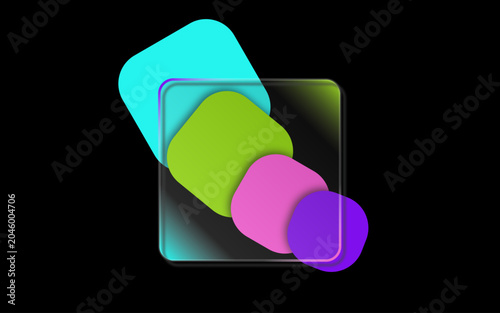 Abstract composition of colorful rounded squares overlapping on a dark background.