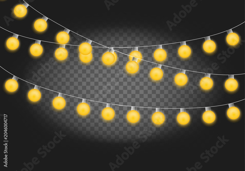 Yellow string lights with round bulbs hanging on a transparent checkered background.