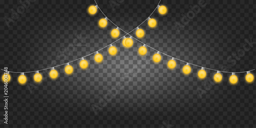String of glowing yellow light bulbs hanging on transparent background banner.