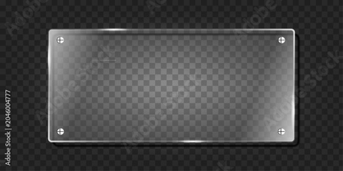 Horizontal clear glass panel with steel screws on dark grid background frame.