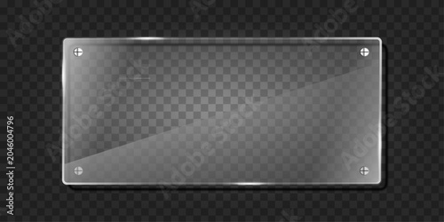 Clear rectangular glass plaque with light reflections on dark mesh background.