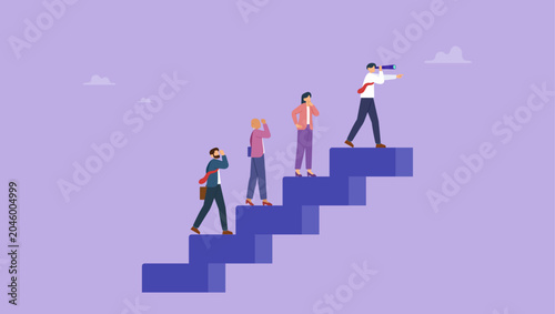 Business leadership and teamwork concept. Group of diverse business people walking up the steps following a leader looking ahead.
