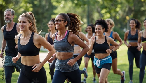 Group of diverse women and men running outdoors in a park during daytime