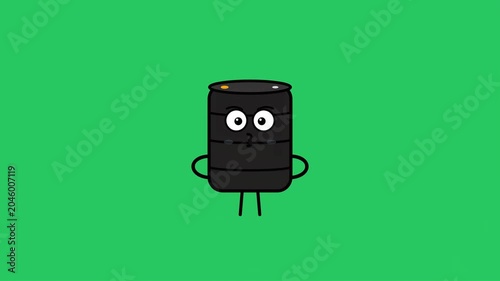 Oil barrel character stands with a neutral expression on a green background.