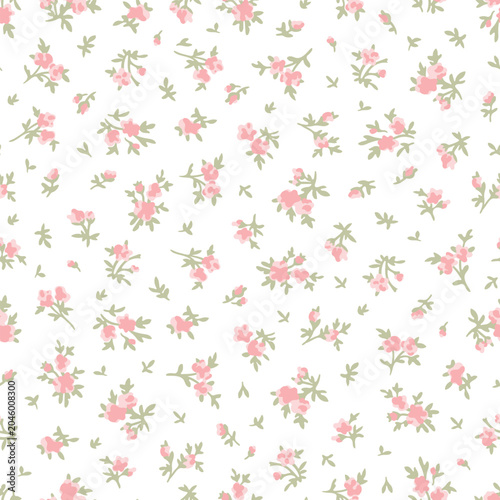 Bild auf Leinwand Cute pink small piony roses flower with green leaves seamless pattern for girl and woman dress, fashion fabric print textile of ditsy vintage floral set