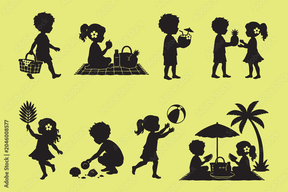Obraz premium Tropical Summer Beach Picnic Kids Silhouette Vector
