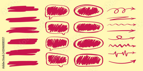 Hand Drawn Scribble Highlights and Speech Bubbles Set. Doodle Underlines, Arrows, Chat Boxes and Marker Elements for Notes and Design