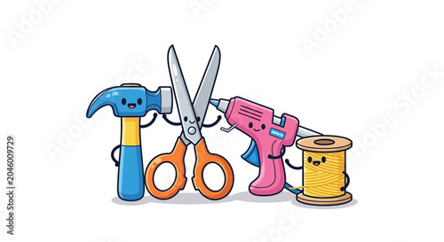 Cute cartoon tools like hammer scissors glue gun and thread