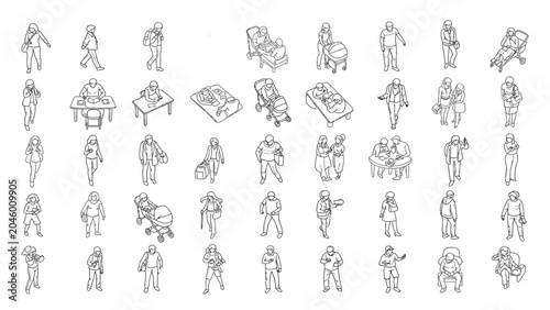 Foto People in daily life scenarios are depicted in this comprehensive set of isometric line drawings
