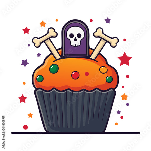 Halloween cupcake with skull and bones illustration