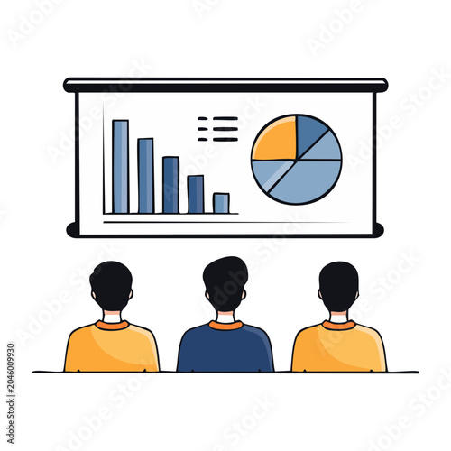 Illustration of people watching a business presentation with charts