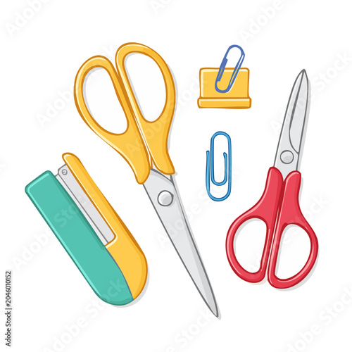 Stationery supplies: scissors, stapler, and paper clips