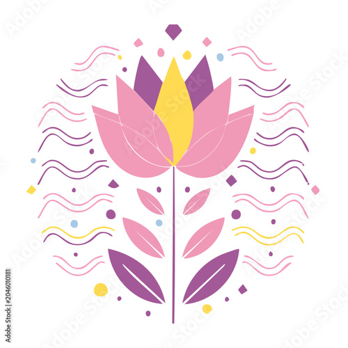 Stylized pink and purple flower with yellow center and decorative