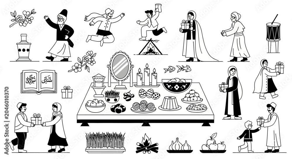 Obraz premium Traditional Nowruz festivities featuring music dance and symbolic table.