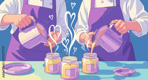 Two people pouring melted wax into glass candles with hearts