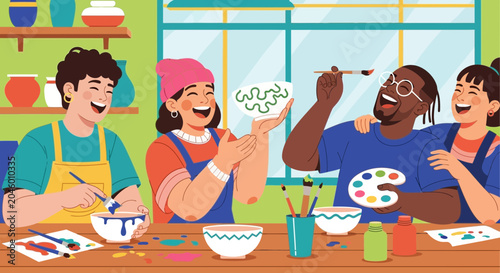 Happy diverse friends painting ceramics in a creative studio
