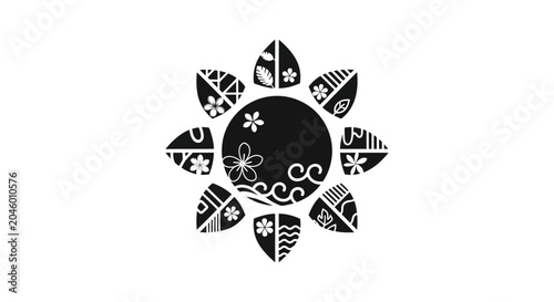 Black and white stylized sun icon with floral and geometric patterns.