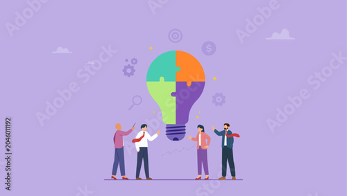Business discussion and brainstorming concept. Diverse people business people discussing an idea in the form of light bulb made of puzzle pieces.