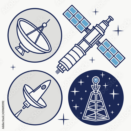 Cuadro en lienzo Satellite communication and space technology icons set featuring parabolic dish antenna orbital craft and radar tower on starry background vector