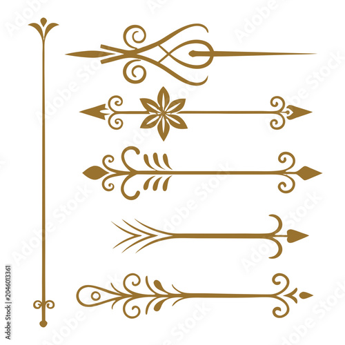 Set of gold ornamental divider lines with arrows and floral scrolls for elegant wedding invitations luxury certificates and vintage paper designs.