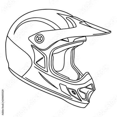 Minimalist continuous line drawing of motocross helmet in dynamic side view sketch style