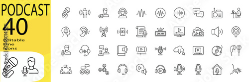 Podcast icon set. Editable stroke.