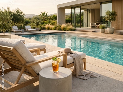 Luxury swimming pool at a modern villa with sun loungers and a refreshing drink at sunset