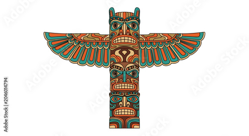 Fotografie Native American totem pole with wings and tribal carvings vector illustration