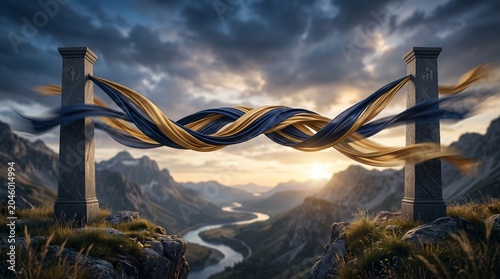 Stone pillars stand on a rugged cliff edge while twisted blue and gold ribbons flutter in the wind against a dramatic sunset sky.