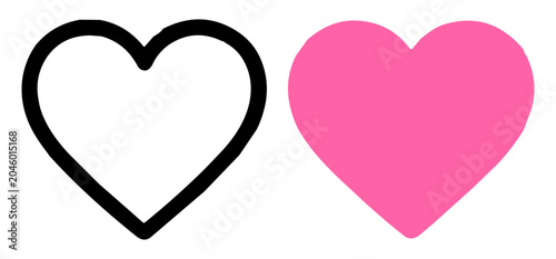 Two heart shapes side by side, one black outline and one solid pink, symbolizing love and affection on transparent background