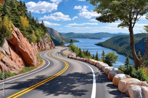 Scenic winding coastal road overlooking blue lake and forested mountains on a sunny day