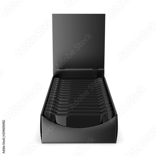 Blank retail countertop display tray with hanging header card and individually packed stick sachets. White cardboard point-of-sale packaging mockup isolated on light background. 3D render illustration