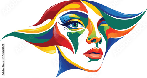 Elevate your brand with this vibrant abstract vector portrait! Bold, fluid colors shape a stunning female face, perfect for modern, high-impact designs.