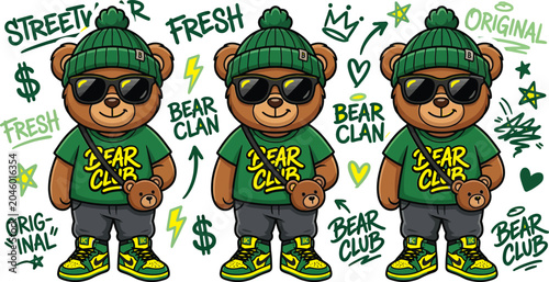 Maximize your merch sales with this high-res urban teddy bear vector! Featuring bold streetwear vibes, graffiti tags, & slick style. Perfect for hype apparel!