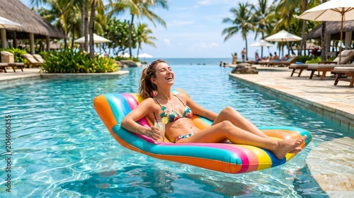 A woman relaxing on a colorful inflatable raft in a tropical resort swimming pool on a sunny day