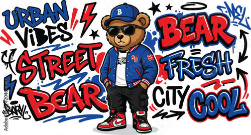 Hype up your brand with this ultimate urban hip-hop street bear mascot! Packed with bold graffiti text, trendy sneakers, & varsity jacket style. Download now!