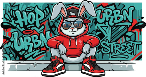 Level up your streetwear with this cool urban hip-hop bunny mascot! Featuring fresh kicks, a red hoodie, and a vibrant graffiti background. Grab it today!