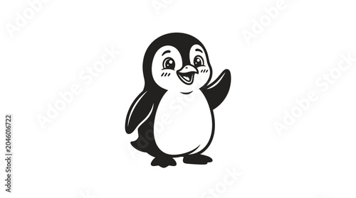 Cute Cartoon Penguin Character Waving.