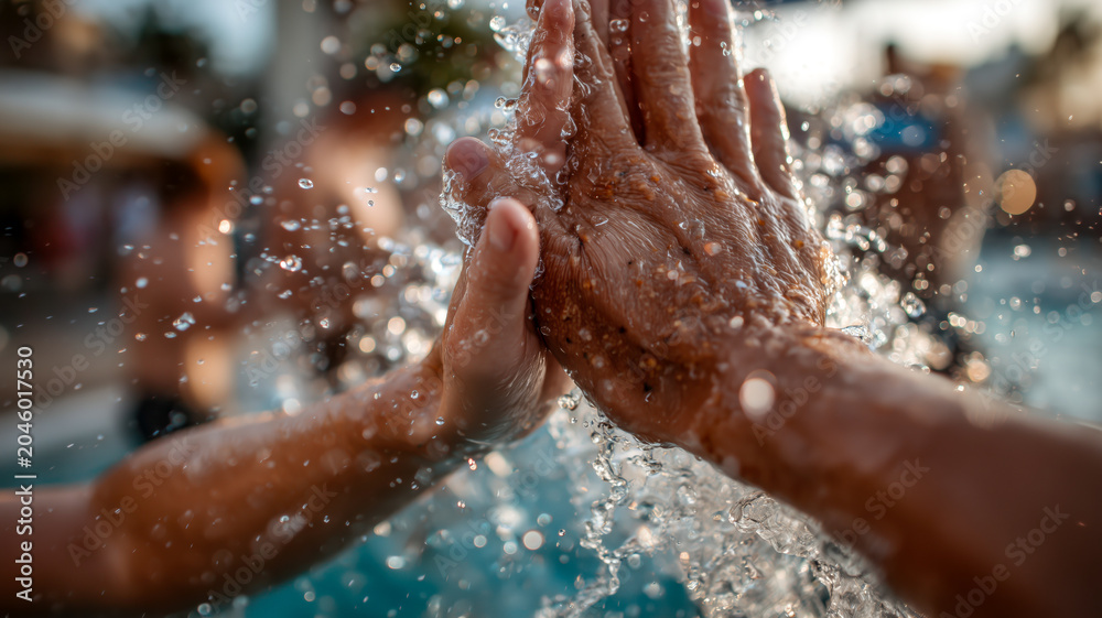 Fototapeta premium Joyful high-five amidst a refreshing water splash