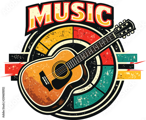 Rock your next design with this premium vintage acoustic guitar badge! Authentic distressed textures, bold retro colors, and stunning details. Grab it now!