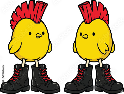 Rock your merch with this hilarious punk rock chick vector! Cute yellow baby chicken with a red mohawk & combat boots. Perfect for edgy tees. Buy now!