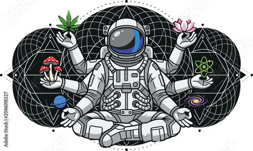 Trippy multi-armed meditating astronaut vector! Psychedelic sacred geometry, cosmos & nature elements. Perfect for trending streetwear tees. Buy now!