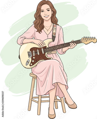 Hit the right note! Stunning vector illustration of a beautiful female musician with an electric guitar. Perfect for indie pop posters & apparel. Buy now!